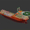 Orange Marine Work Vessel with Green Helipad White H Symbol and Deck Equipment