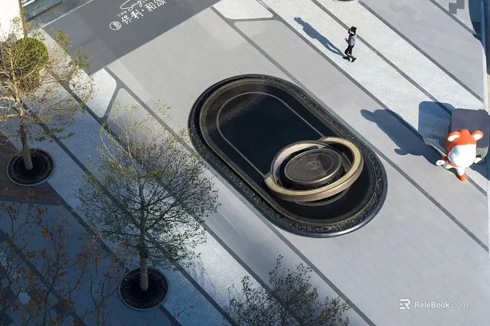 Modern Circular Water Fountain Design In Urban Square With Trees And Pedestrians 3d model 