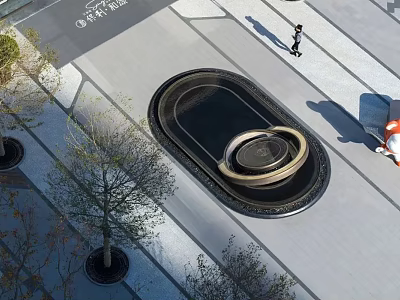 Modern Circular Water Fountain Design In Urban Square With Trees And Pedestrians 3d model