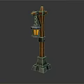Vintage Street Lamp With Wooden Pole Stone Base And Hanging Yellow Light Lantern