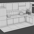 Cartoon Kitchen Scene With White Cabinets Refrigerator Sink Tiled Walls And Kitchenware