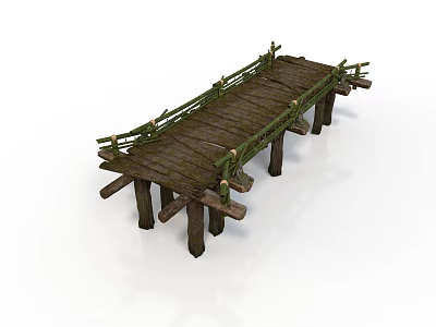 Rustic Wooden Bridge Structure With Planked Deck Green Railings And Supporting Posts 3d model