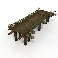 Rustic Wooden Bridge Structure With Planked Deck Green Railings And Supporting Posts