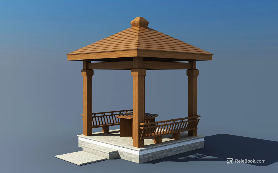 Wooden Gazebo With Brown Roof Pillars Benches And Stone Base 3d model 