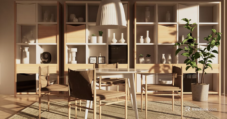 Modern Dining Table Set With Light Wooden Chairs Open Shelves Vases And Hanging Lamp 3d model 