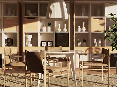 Modern Dining Table Set With Light Wooden Chairs Open Shelves Vases And Hanging Lamp 3d model