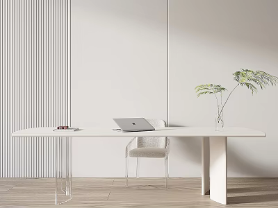 Modern Minimalist Desk With Laptop Transparent Chair Green Plant And Striped Wall 3d model