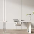Modern Minimalist Desk With Laptop Transparent Chair Green Plant And Striped Wall