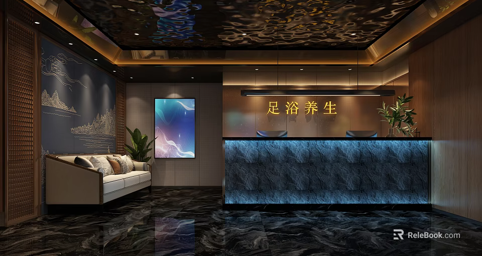 Foot Massage Wellness Center Interior With Reception Counter Sofa And Decorative Painting 3d model 