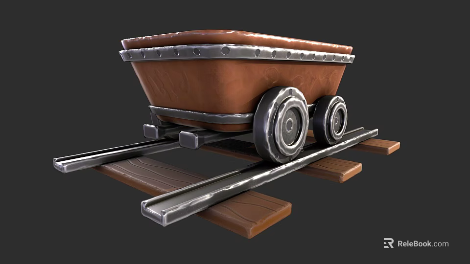 Brown Metal Framed Mine Cart On Wooden And Metal Rail Tracks 3d model 