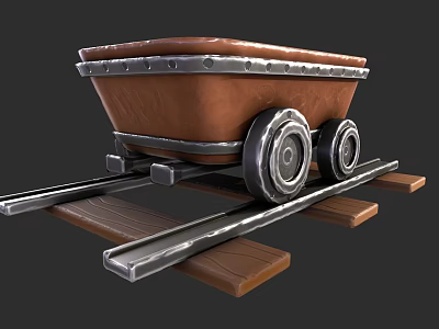Brown Metal Framed Mine Cart On Wooden And Metal Rail Tracks 3d model