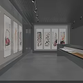 Modern Gallery Interior Design With Displayed Artworks Dark Walls And Wooden Floors