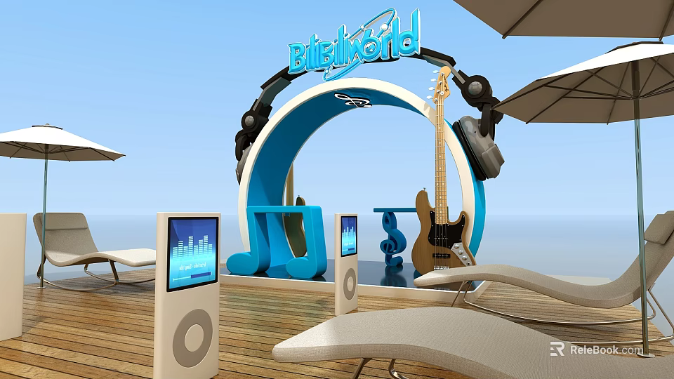 Commercial Equipment Display With Headphone Shaped Arch Electric Guitar And Digital Screen Displays 3d model 