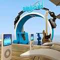 Commercial Equipment Display With Headphone Shaped Arch Electric Guitar And Digital Screen Displays