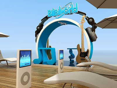 Commercial Equipment Display With Headphone Shaped Arch Electric Guitar And Digital Screen Displays 3d model