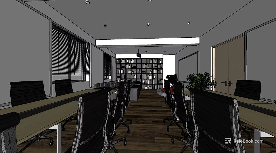 Modern Meeting Room Interior With Wooden Floor Tables Chairs Bookshelf And Potted Plant 3d model 