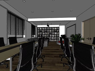 Modern Meeting Room Interior With Wooden Floor Tables Chairs Bookshelf And Potted Plant 3d model