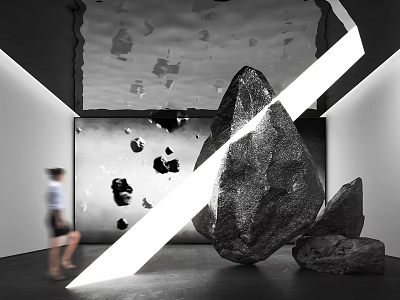 Large Contemporary Stone Sculpture In Art Gallery With White Light Beam And Broken Fragments 3d model