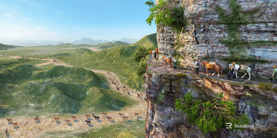 Scenic Cliffside View With People Horses Blue Sky Green Valley And Distant Mountains 3d model 