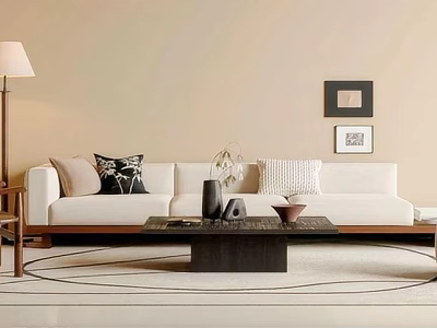 Modern Minimalist Sofa and Coffee Table Set with Beige Upholstery Decorative Pillows and Wall Art 3d model