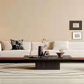 Modern Minimalist Sofa and Coffee Table Set with Beige Upholstery Decorative Pillows and Wall Art