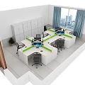 Open Plan Public Office Space with Green Partitions Multiple Workstations Computers Windows and City View 3d model