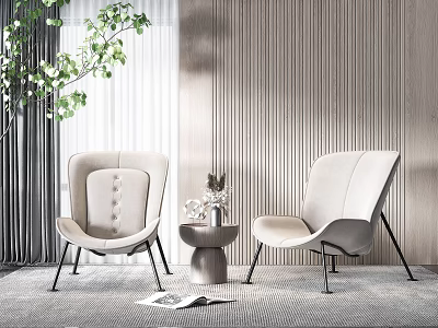 Casual Sofa Set With Light Beige Fabric Metal Legs Wooden Wall And Green Plant Decor 3d model