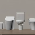 Modern White Toilets In Various Styles Arranged Against Light Wall On Wooden Floor