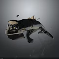 3D Rendered Blue Horned Marine Creature With Back Spikes And Small Fish Around