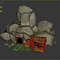 Rustic Rocky Cave Environment With Wooden Hut Rail Track Orange Object And Cave Entrance