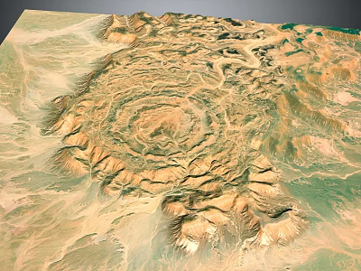 Natural Garden Landscape With Circular Structure Mountainous Terrain Sandy Areas And Green Patches 3d model