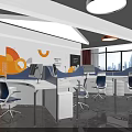 Modern Office Interior With Cubicle Workstations Blue White Chairs Orange White Wall Decor And Windows