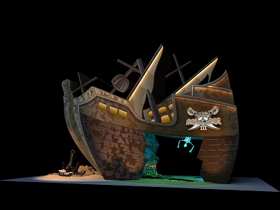 Pirate Ship Themed Commercial Equipment With Skull Logo And Green Lighting Effects 3d model