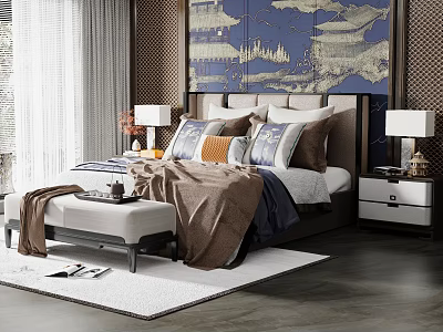 Elegant Double Bed With Decorative Pillows Bedside Table Lamps And Wall Art 3d model