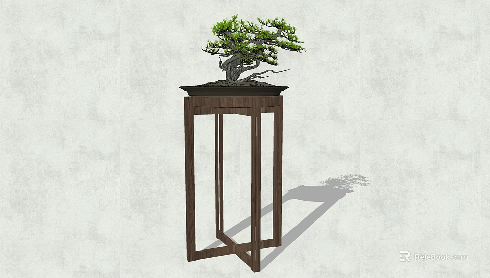 Elegant Indoor Bonsai Plant on Dark Wooden Stand with Green Foliage 3d model 
