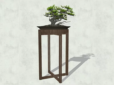 Elegant Indoor Bonsai Plant on Dark Wooden Stand with Green Foliage 3d model
