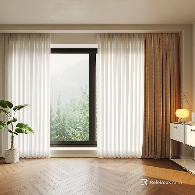 White Sheer And Brown Curtains In Modern Room With Green View Plant And Wooden Floor 3d model 