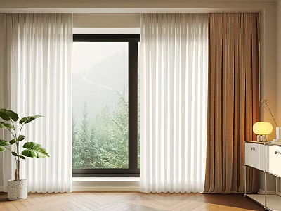 White Sheer And Brown Curtains In Modern Room With Green View Plant And Wooden Floor 3d model