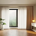 White Sheer And Brown Curtains In Modern Room With Green View Plant And Wooden Floor