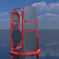 Red Geometric Sculpture with Circular and Square Panels Against Blue Sky and Reflective Water Surface
