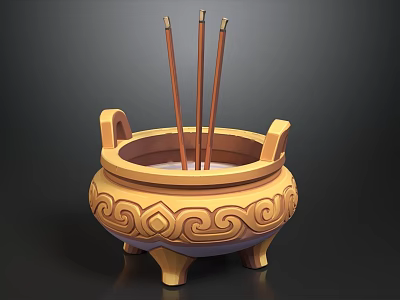 Stylized Traditional Chinese Golden Incense Burner With Embossed Patterns And Three Inserted Aromatic Incense Sticks 3d model