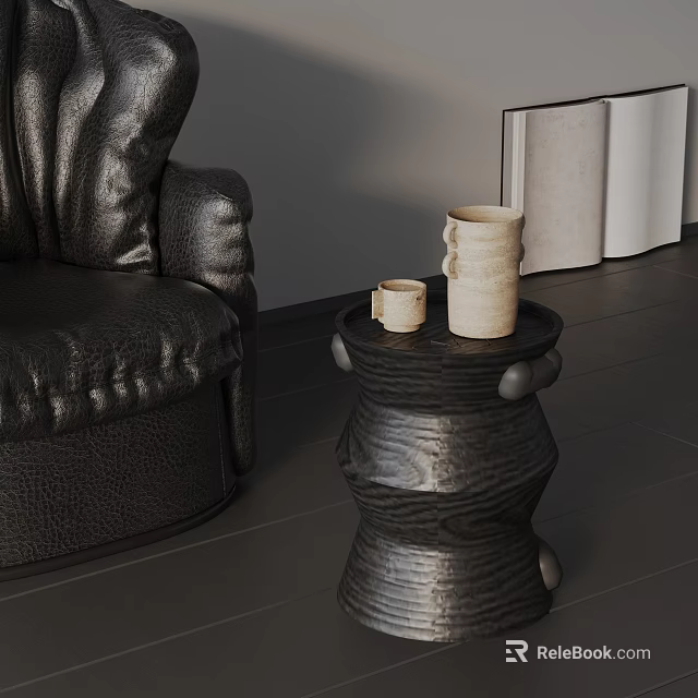 Modern Black Side Table With Unique Twisted Design Next To Leather Sofa And Ceramic Cups 3d model 
