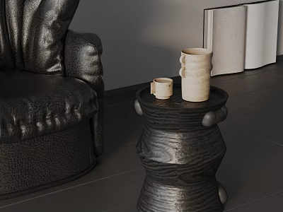 Modern Black Side Table With Unique Twisted Design Next To Leather Sofa And Ceramic Cups 3d model