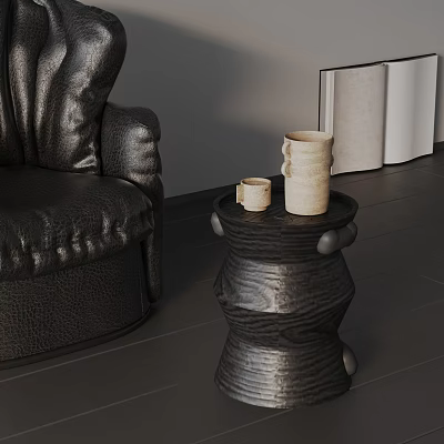 Modern Black Side Table With Unique Twisted Design Next To Leather Sofa And Ceramic Cups 3d model
