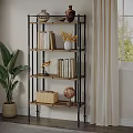 Stylish Bookshelf With Wooden Shelves Metal Frame Books Vase Globe Woven Basket And Green Plant