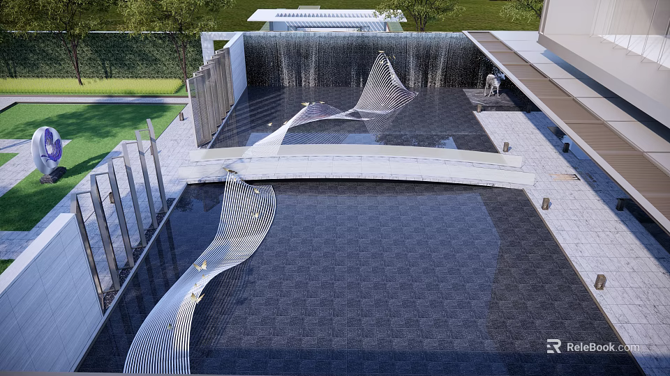Modern Garden Landscape With Waterfall Sculptures Paved Area And Greenery 3d model 