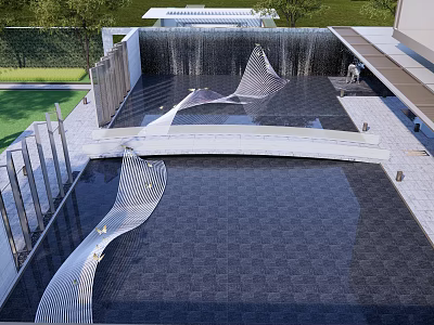 Modern Garden Landscape With Waterfall Sculptures Paved Area And Greenery 3d model
