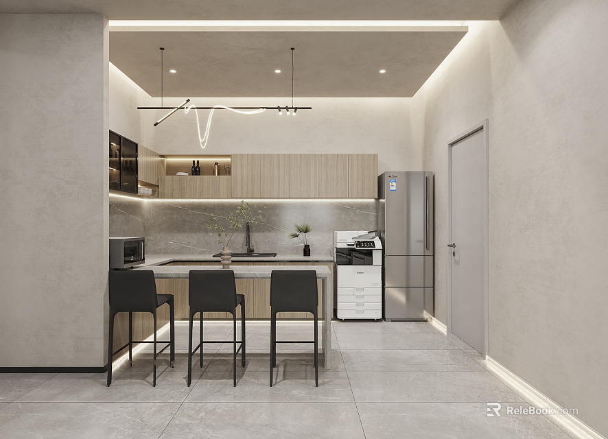 Modern Pantry Interior Design With Wooden Cabinets Counter Chairs And Pendant Lights 3d model 