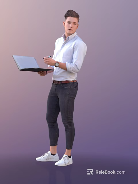 Man Holding Laptop And Pen Wearing White Shirt Dark Jeans Standing Against Purple Background 3d model 