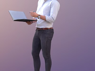 Man Holding Laptop And Pen Wearing White Shirt Dark Jeans Standing Against Purple Background 3d model